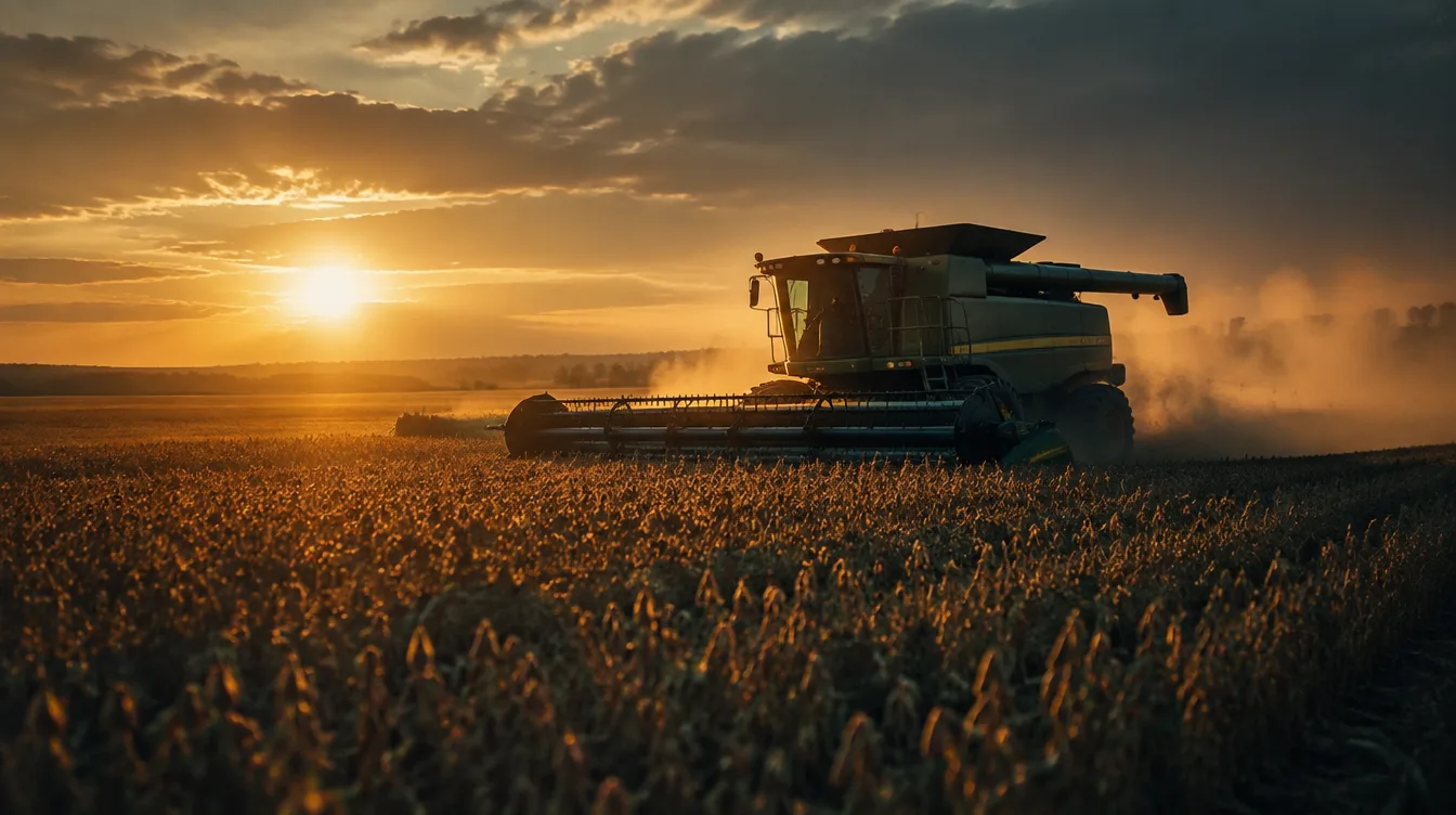 Colheitadeira operando em lavoura de soja ao entardecer